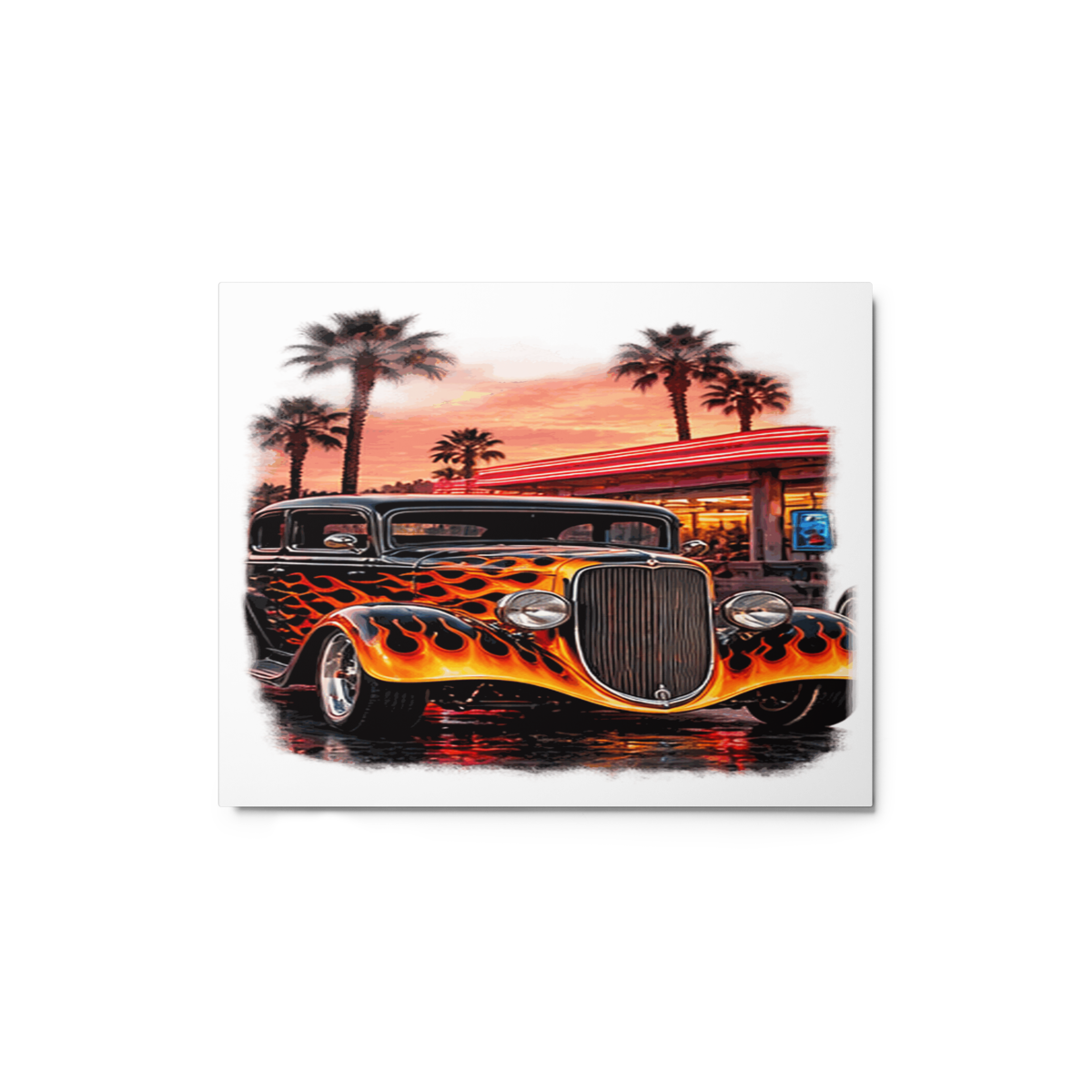 Neon Diner Flame Coupe Glossy Metal Print product mockup