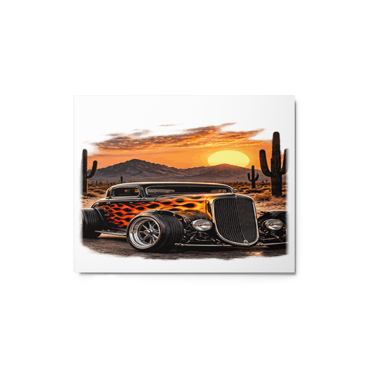 Desert Sunset Flame Coupe Glossy Metal Print product mockup