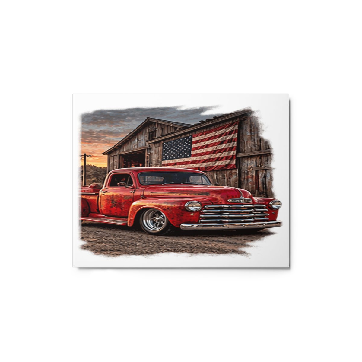 Barn Flag Red Hot Rod Pickup Glossy Metal Print product mockup