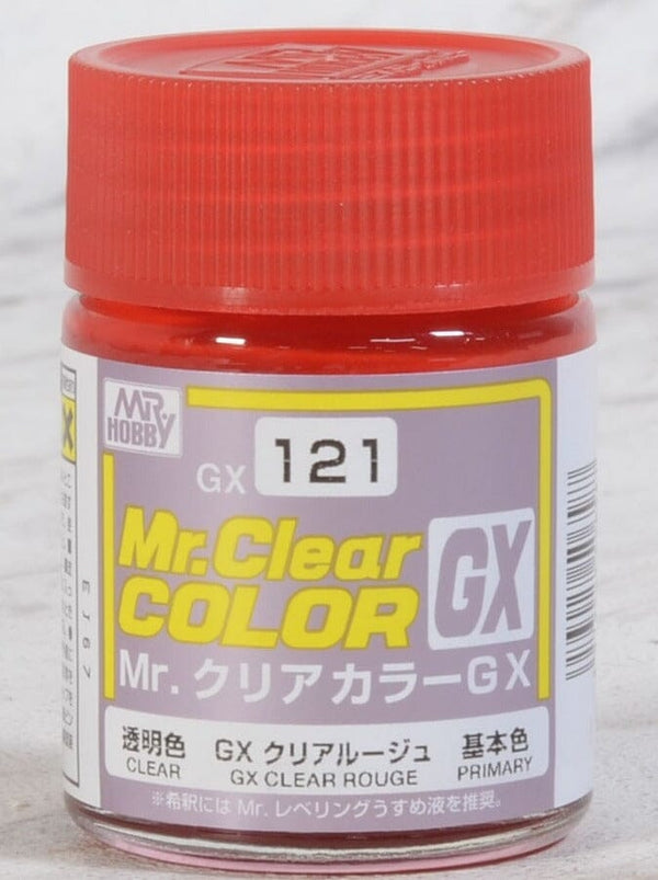 Mr. Hobby GX121 Mr. Clear Color GX Clear Rouge, labeled 18 ml paint bottle with red cap.