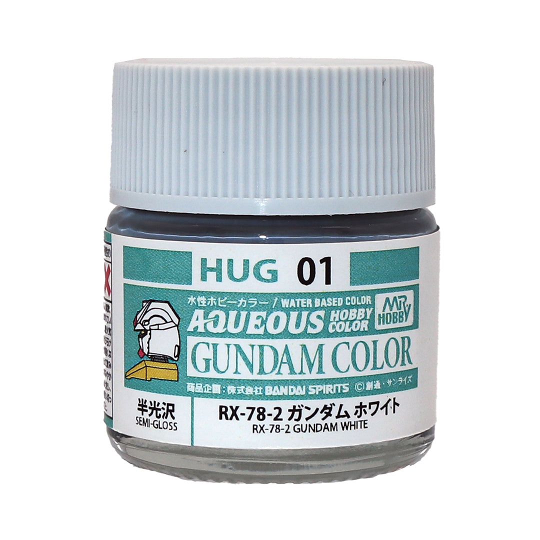 Mr. Hobby HUG01 Aqueous Gundam Color RX-78-2 Gundam White semi-gloss model paint, manufacturer photograph of the labeled 10 ml bottle.