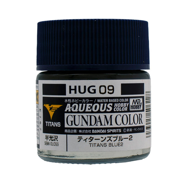 Mr. Hobby HUG09 Aqueous Gundam Color Titans Blue 2 semi-gloss model paint, manufacturer photograph of the labeled 10 ml bottle.