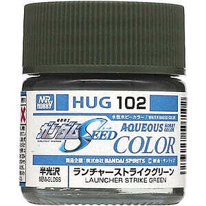 Mr. Hobby HUG102 Aqueous Gundam Color Launcher Strike Green semi-gloss model paint, labeled 10 ml bottle.