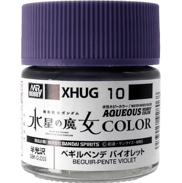Mr. Hobby XHUG10 Aqueous Gundam Color Beguir-Pente Violet semi-gloss model paint, 10 ml bottle with labeled cap and jar.