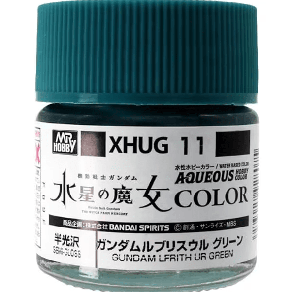 Mr. Hobby XHUG11 Aqueous Gundam Color Gundam Lfrith Ur Green semi-gloss model paint, 10 ml bottle with labeled cap and jar.