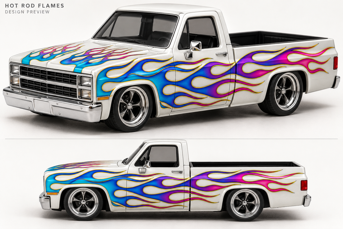 Visual mockup of turquoise, violet and magenta hot rod flames with yellow pinstriping on a white 83 Silverado; no lettering or logos.