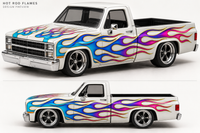 Visual mockup of turquoise, violet and magenta hot rod flames with yellow pinstriping on a white 83 Silverado; no lettering or logos.