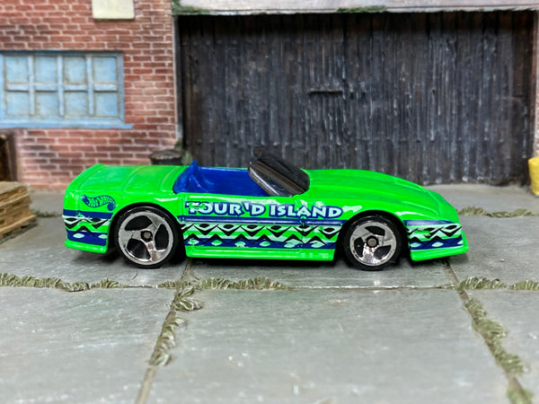 1998 Hot Wheels Custom Corvette Convertible lime TOUR'D ISLAND loose car, right-side view