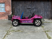 2008 Hot Wheels Meyers Manx metalflake magenta with purple flames loose car, left-side view
