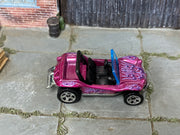 2008 Hot Wheels Meyers Manx metalflake magenta with purple flames loose car, top view