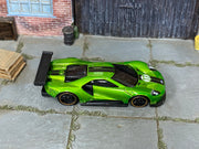 Hot Wheels 2016 Ford GT Race metallic green number 17 loose car, top view