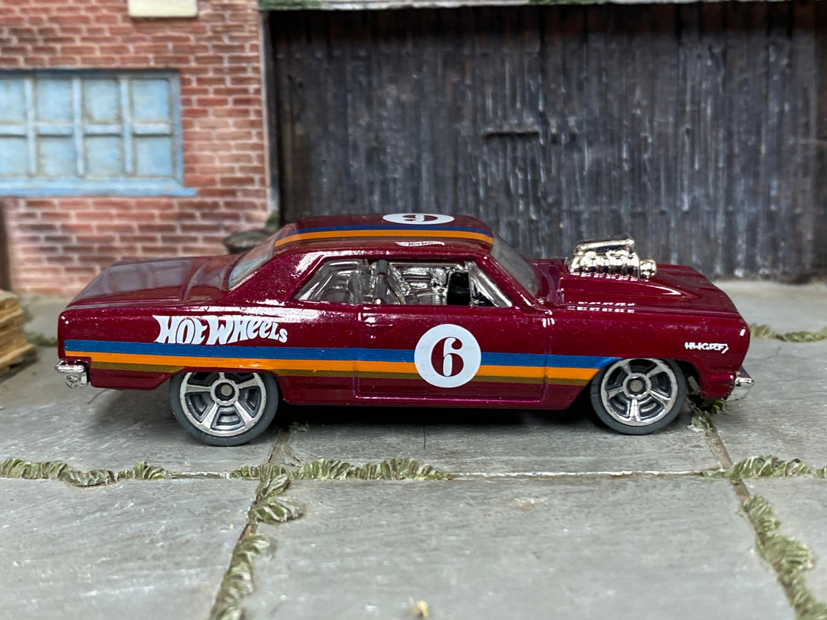 2019 Hot Wheels '64 Chevy Chevelle SS metallic maroon number 6 loose car, right-side view
