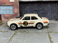 2019 Hot Wheels '70 Ford Escort RS1600 ivory Gumball 3000 number 3 loose car, left-side view