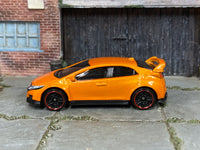 2025 Hot Wheels '16 Honda Civic Type R metalflake orange loose car, left-side view