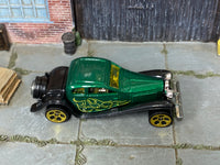 Hot Wheels ’37 Bugatti metallic green yellow flames loose car, top view