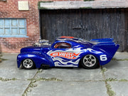 Hot Wheels '41 Willys metallic blue number 6 with silver flames, left side view