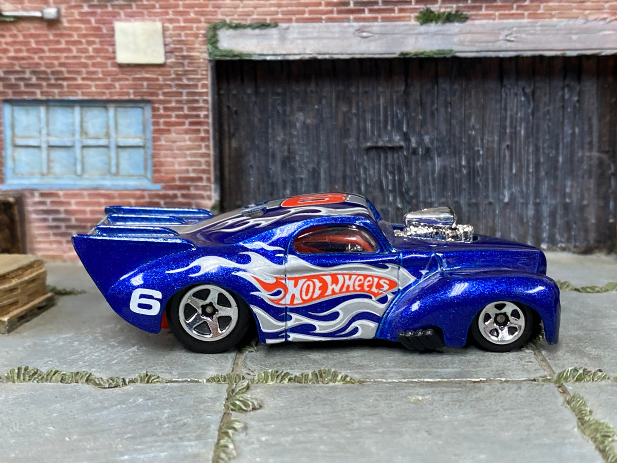 Hot Wheels '41 Willys metallic blue number 6 with silver flames, right side view