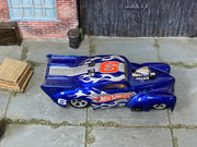 Hot Wheels '41 Willys metallic blue number 6 with silver flames, top view