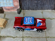 Hot Wheels '55 Chevy metallic dark red Ride Yourself Wild surf graphics, top view