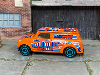 Hot Wheels ’67 Austin Mini Van orange Union Jack loose van, left side view
