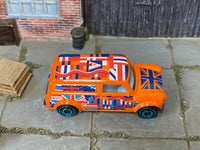 Hot Wheels ’67 Austin Mini Van orange Union Jack loose van, top view