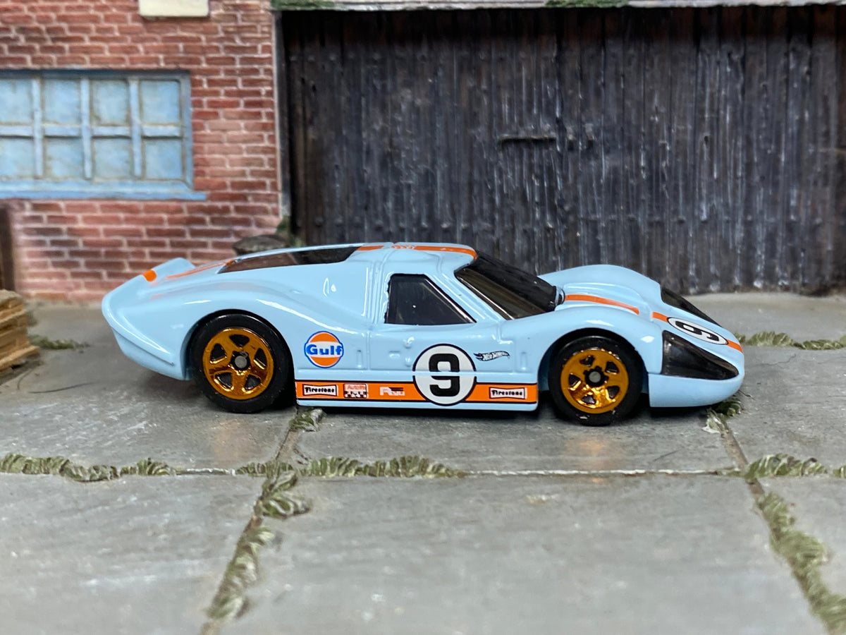 Hot Wheels 1967 Ford GT40 Mk.IV Gulf light blue number 9 loose car, right-side view