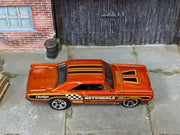 Hot Wheels '68 Dodge Dart metallic orange Speed Shop graphics, top view