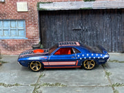 Hot Wheels '71 Dodge Challenger navy blue Stars and Stripes, left side view