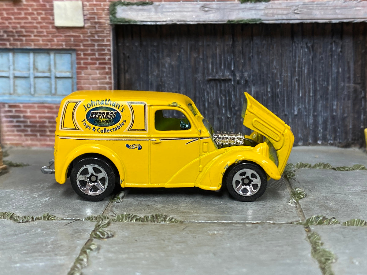 Hot Wheels Anglia Panel Truck yellow Express Delivery loose vehicle, right side view with hood open