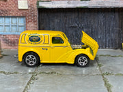 Hot Wheels Anglia Panel Truck yellow Express Delivery loose vehicle, right side view with hood open