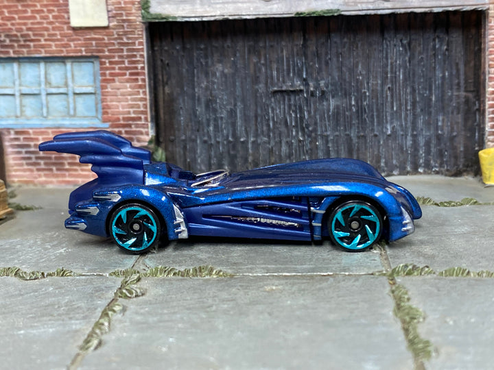 Hot Wheels Batman and Robin Batmobile metallic blue loose car, right side view