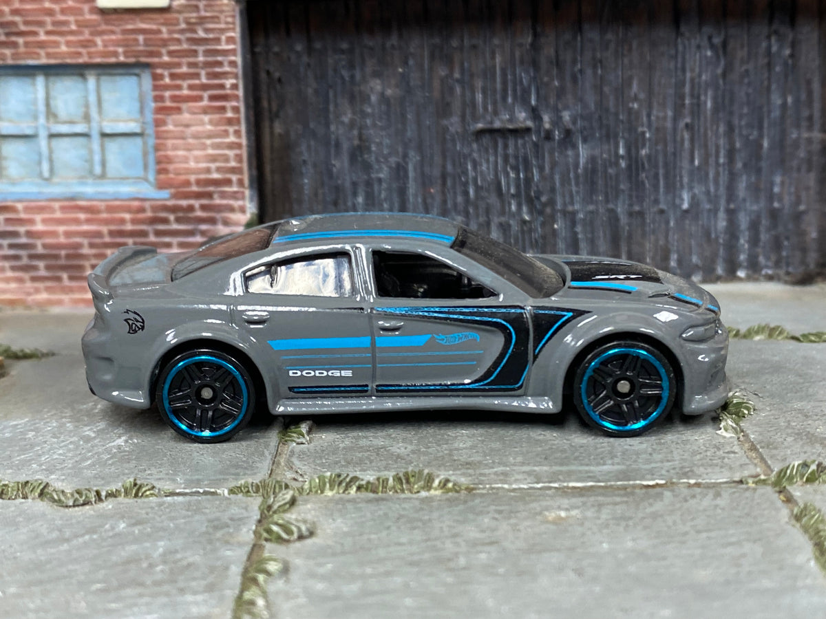 Hot Wheels Dodge Charger SRT Hellcat Widebody gray and blue, right side view