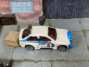 Hot Wheels Escort Rally white and blue number 8 Swisher Motors, top view
