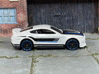 Hot Wheels Ford Shelby GT350R white with black and blue stripes, right side view