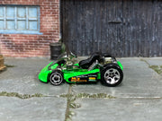 Hot Wheels fluorescent green MJ Engineering Go Kart loose toy, left side view