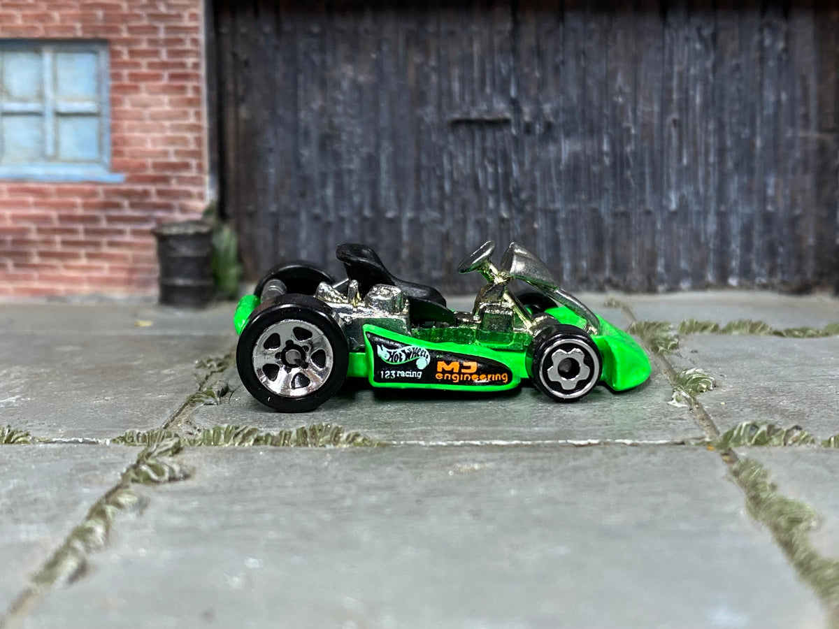 Hot Wheels fluorescent green MJ Engineering Go Kart loose toy, right side view