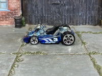 Hot Wheels metallic blue number 3 Go Kart loose toy, left side view