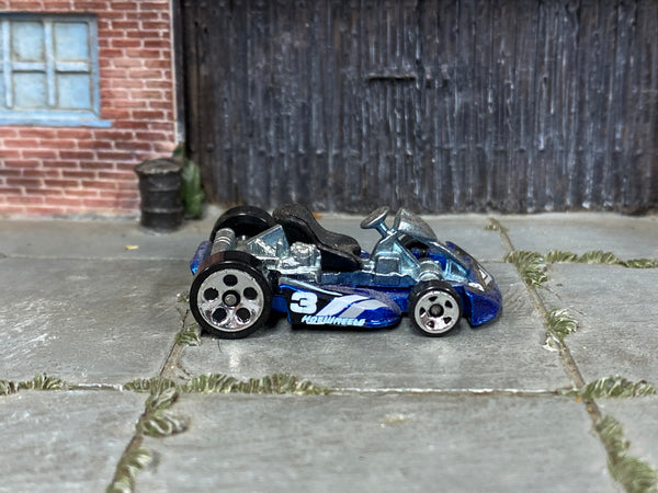Hot Wheels metallic blue number 3 Go Kart loose toy, right side view