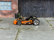 Hot Wheels orange MJ Engineering Go Kart loose toy, left side view