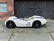 Hot Wheels Maserati Tipo 61 white with blue stripes and number 25, left side view