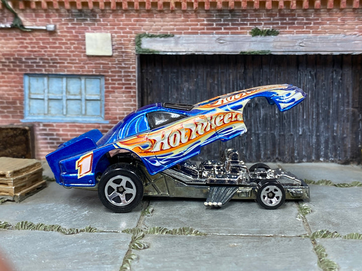 Hot Wheels Mustang Funny Car blue number 1, right side view with body raised