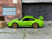 Hot Wheels Porsche 911 GT3 RS lime green with bronze wheels, left side view