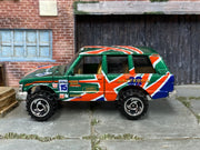 Hot Wheels Range Rover metallic green with Union Jack graphics, left side view