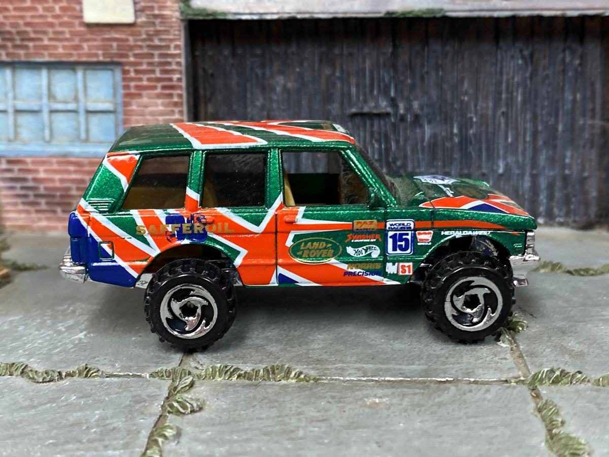 Hot Wheels Range Rover metallic green with Union Jack graphics, right side view