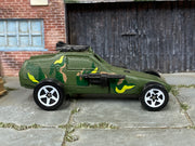Hot Wheels Super Cannon olive camouflage with white five-spoke wheels, right side view