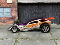 Hot Wheels Surf Crate purple with woodgrain graphics and orange-red surfboard, left side view