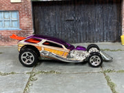 Hot Wheels Surf Crate purple with woodgrain graphics and orange-red surfboard, right side view