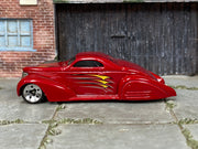 Hot Wheels Swoop Coupe metallic red with yellow and silver graphics, left side view