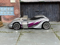 Hot Wheels Twin Mill II in silver with magenta graphics, left side view