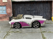 Hot Wheels Two 2 Go white and magenta with exposed engine, left side view